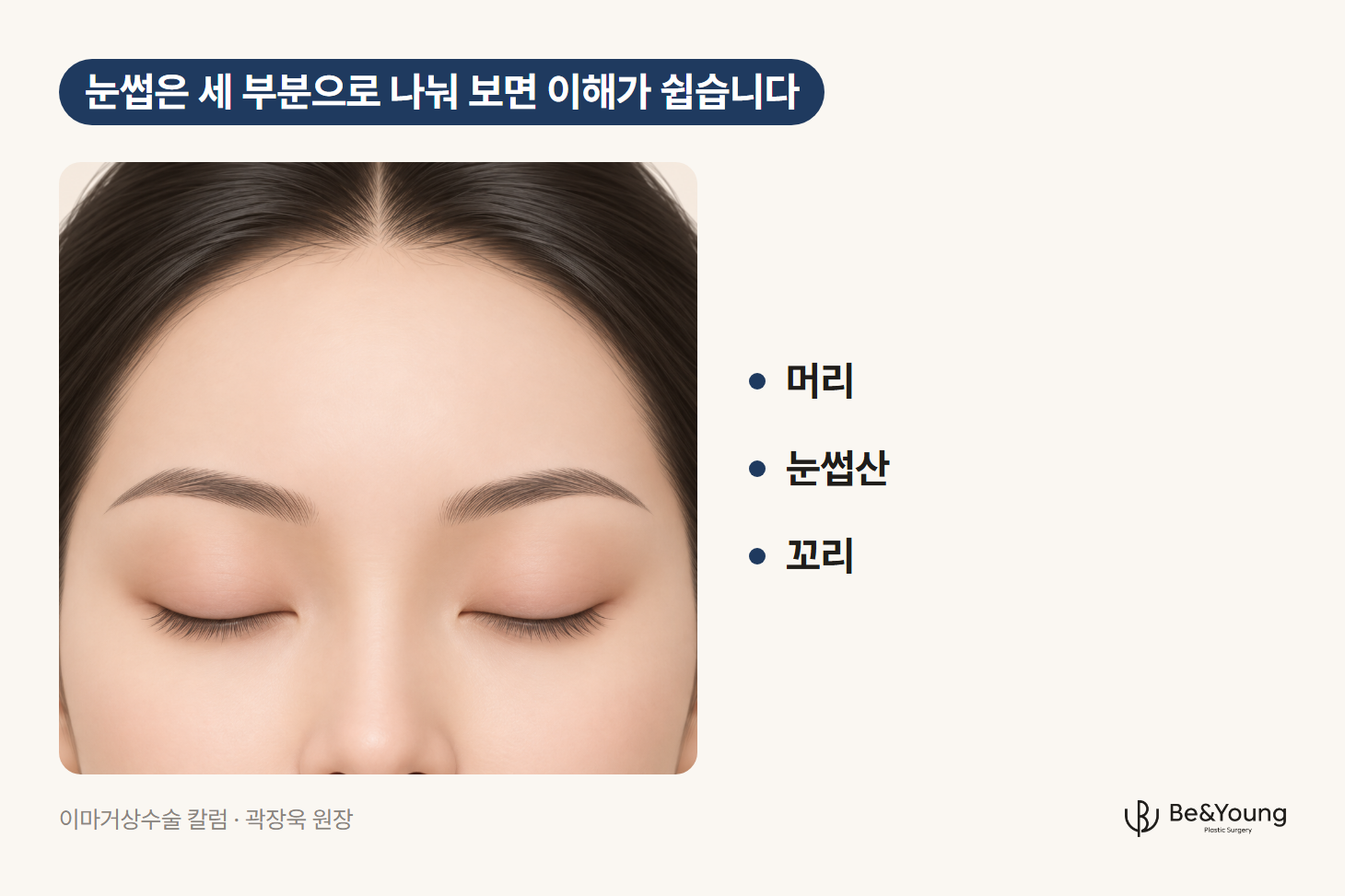 이마거상에서 기준으로 삼는 눈썹의 머리, 눈썹산, 꼬리 위치를 눈을 감은 정면 얼굴에서 본 모습