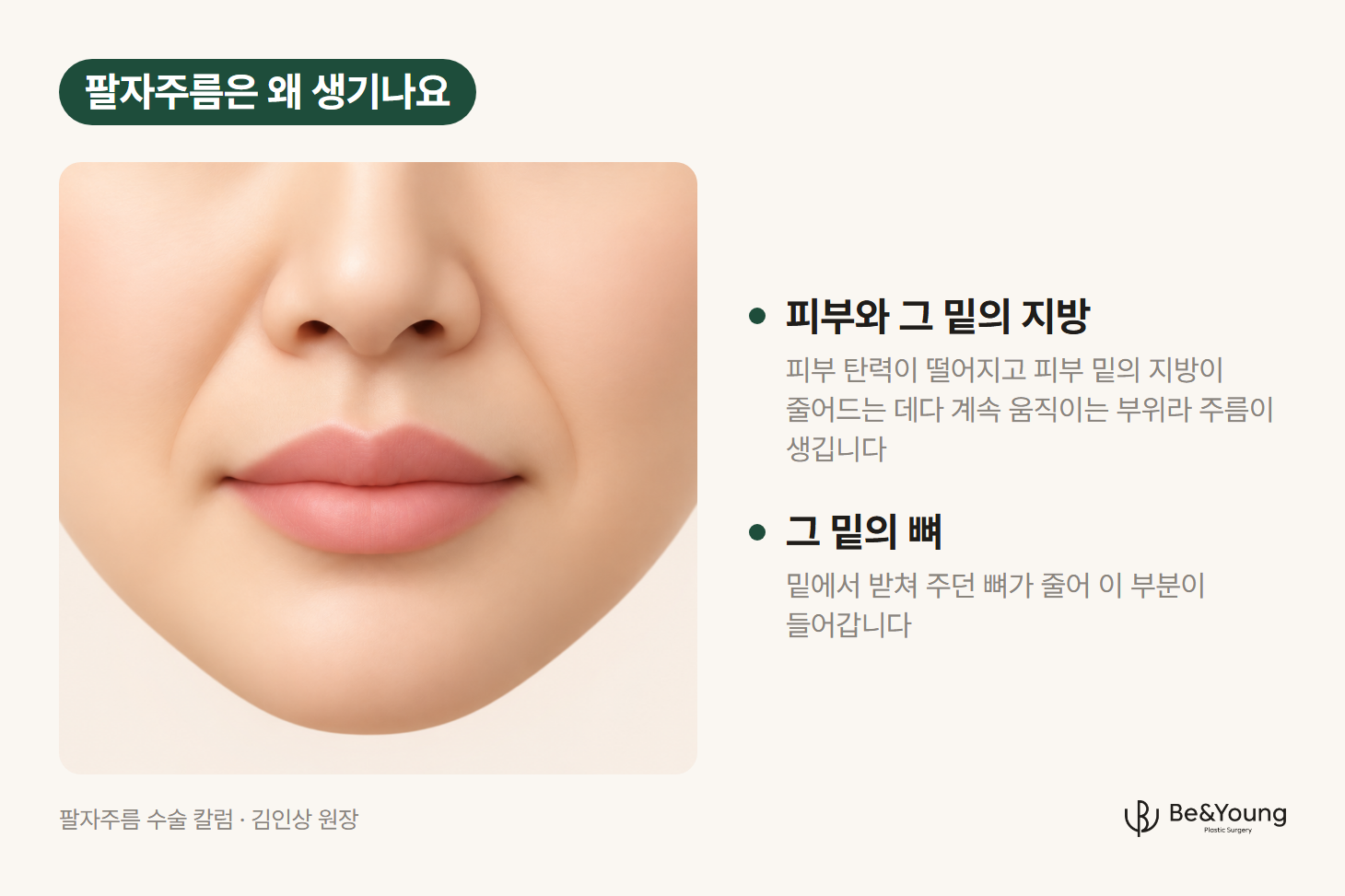 코 옆에서 입가로 내려오는 팔자주름이 보이는 얼굴 아래쪽 정면 그림. 피부와 그 밑의 지방, 그 밑의 뼈가 함께 줄어든다는 설명